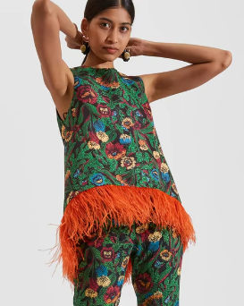 Two-Piece Set with Feather Trim Printed Top and Trousers - Dark Green