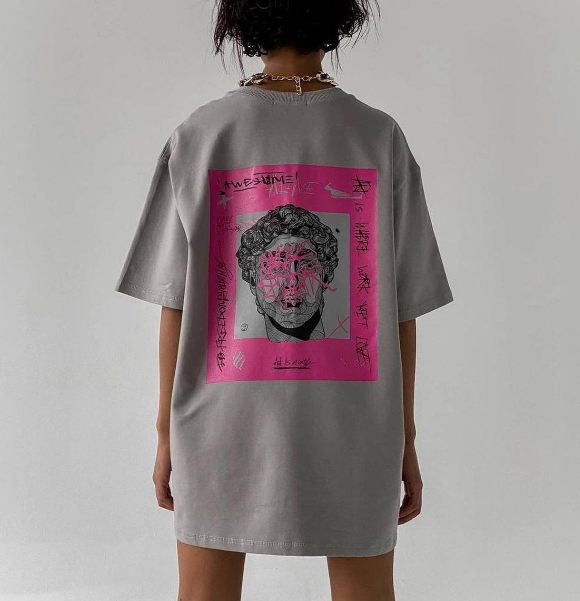 Graphic Print Oversized T-shirt - Gray