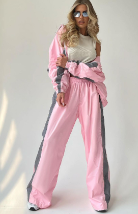 Two-Piece Set with Zip-Front Jacket and Elastic Waist Trousers - Pink