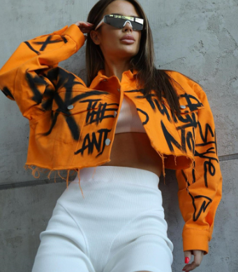 Graffiti Print Cropped Jacket with Raw Hem - Orange