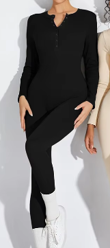 Button-Up Long Sleeve Jumpsuit - Black