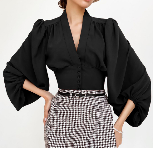 Button-Down Blouse with Puff Sleeves and V-Neckline - Black