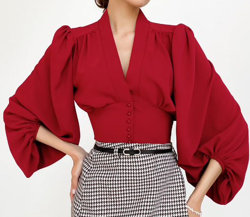 Button-Down Blouse with Puff Sleeves and V-Neckline - Red