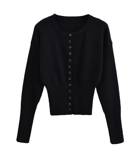 Knitted Cardigan Sweater with Ribbed Waist - Black