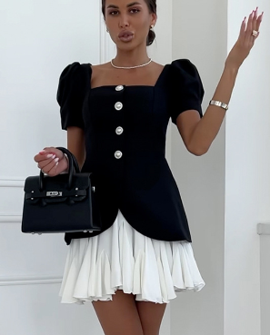 Puff Sleeve Blazer with Pleated Skirt Co-Ord Set - Black
