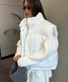 Padded Sleeveless Coat with Quilted Detailing - White