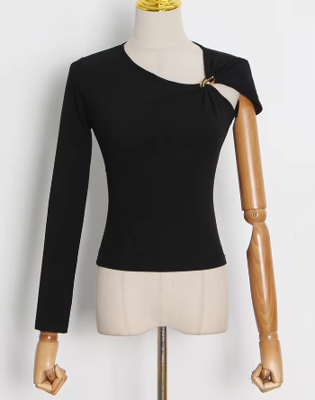 Asymmetrical One-Sleeve Fitted Top with Embellished Twist Detail - Black