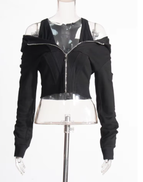 Off-Shoulder Hoodie-Style Jacket with Inner Tank Accent - Black