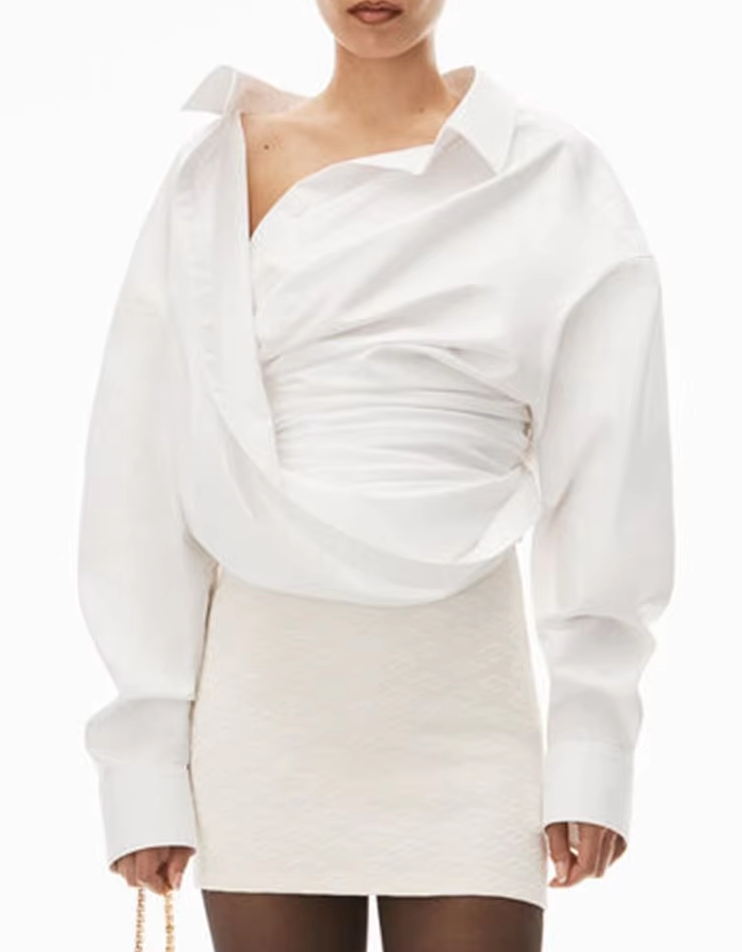 Asymmetric Off-Shoulder Wrap Shirt - White