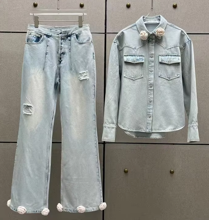 Two-Piece Set with Floral Embellished Denim Shirt and Distressed Wide-Leg Jeans - Light Blue