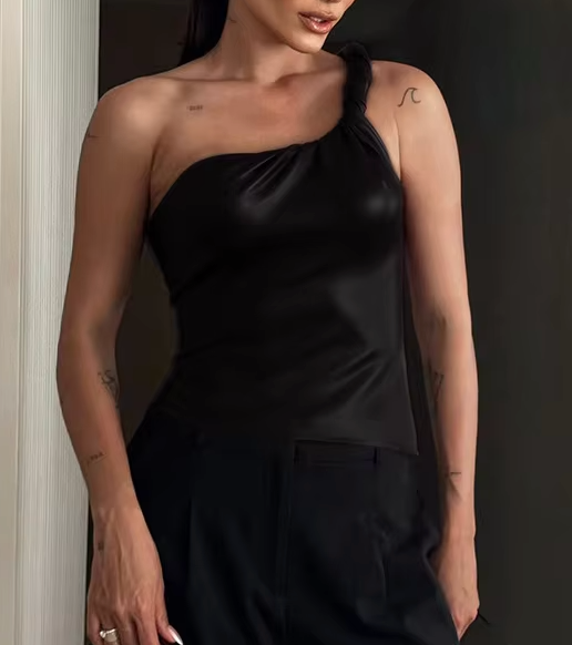 Asymmetrical Gathered Leather Crop Top - Black