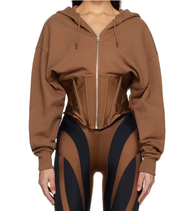 Cropped Hoodie Jacket with Corset Detail - Brown