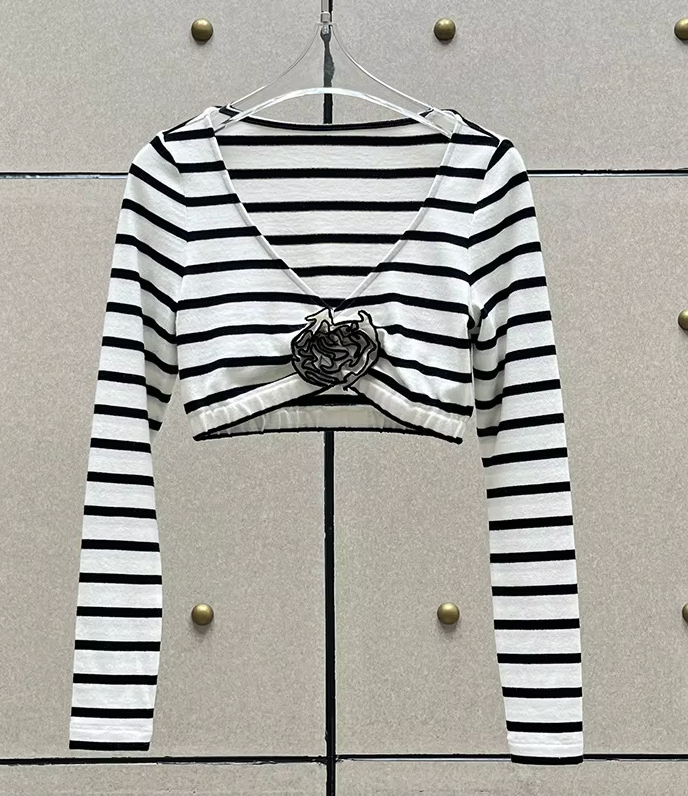 Striped Cropped Long Sleeve Top with Floral Accent Detail - Black