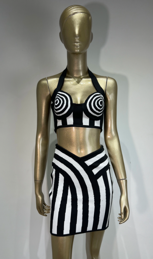 Two-Piece Set with Halter Crop Top and Geometric Mini Skirt - Black