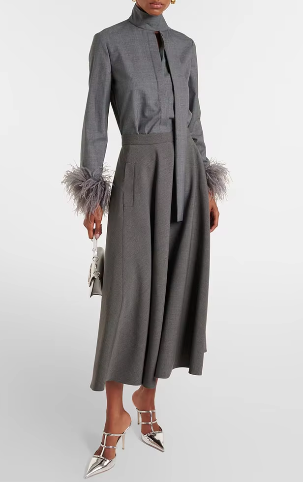 Two-Piece Set with High-Neck Feather Trim Blouse and Midi Skirt - Gray