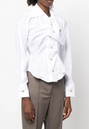 Asymmetrical Button-Up Shirt with Tailored Waist and Classic Collar - White
