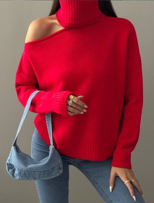 Off-Shoulder Turtleneck Sweater with Ribbed Cuffs - Red