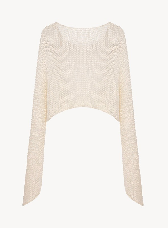 Cropped Open-Knit Sweater with Extended Sleeves - Beige
