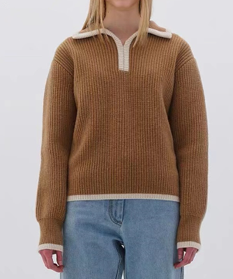 Ribbed Knit Sweater with Contrast Trim and Open Collar - Brown