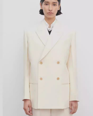 Double-Breasted Blazer with Wide Lapel and Structured Shoulders - Beige
