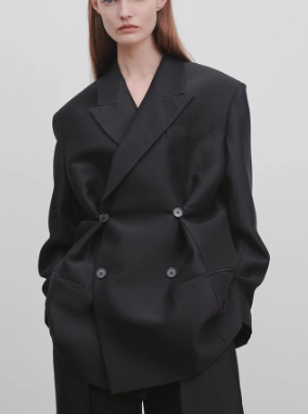 Double-Breasted Blazer with Wide Lapel and Structured Shoulders - Black
