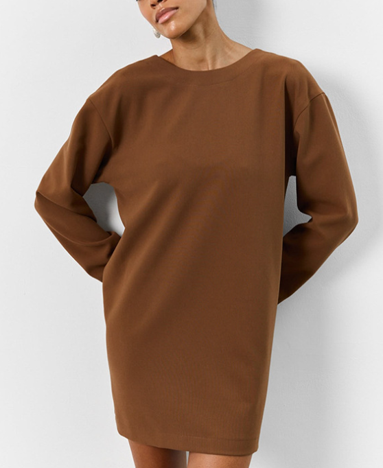 Open-Back Long-Sleeve Mini Dress - Brown