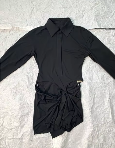 Bodysuit-Style Mini Dress with Draped Detail - Black