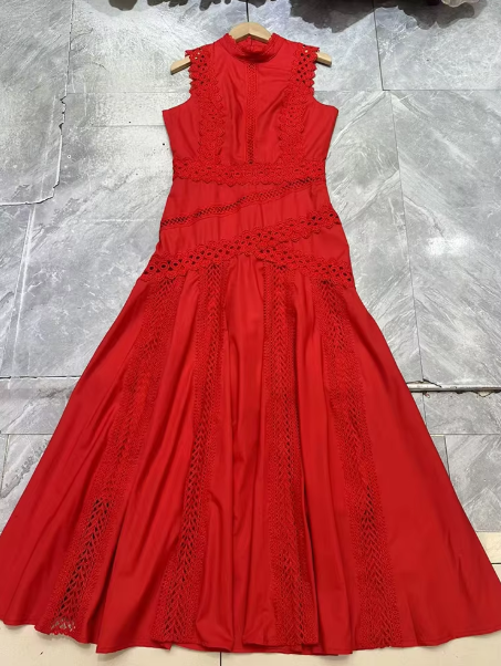 Sleeveless Midi Dress with Lace Panels - Red