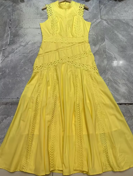Sleeveless Midi Dress with Lace Panels - Yellow