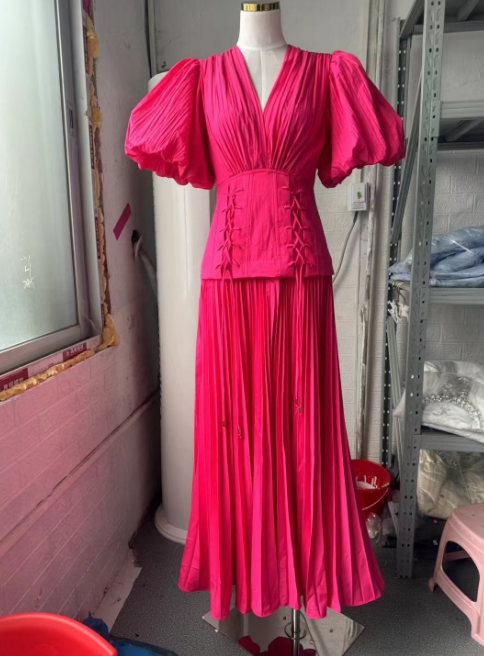Maxi Dress with Puff Sleeves and Lace-Up Waist - Pink