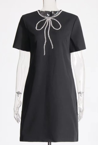 Short Sleeve Mini Dress with Embellished Bow Detail - Black