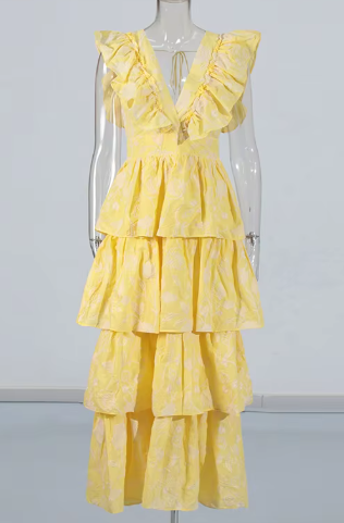 Sleeveless Tiered Ruffle Maxi Dress - Yellow