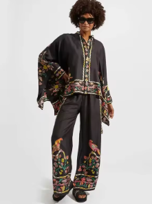 Two-Piece Set with Printed Cape Top and Wide-Leg Pants - Black
