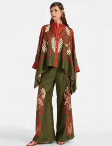 Two-Piece Set with Printed Cape Top and Wide-Leg Pants - Dark Green