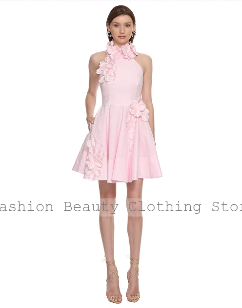 Halter-Neck Mini Dress with 3D Floral Details - Pink