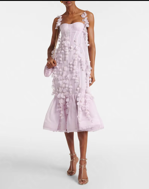 Floral-Embellished Bustier Midi Dress - Pink