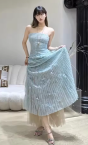Maxi Dress with Pleated Lace and Spaghetti Straps - Blue