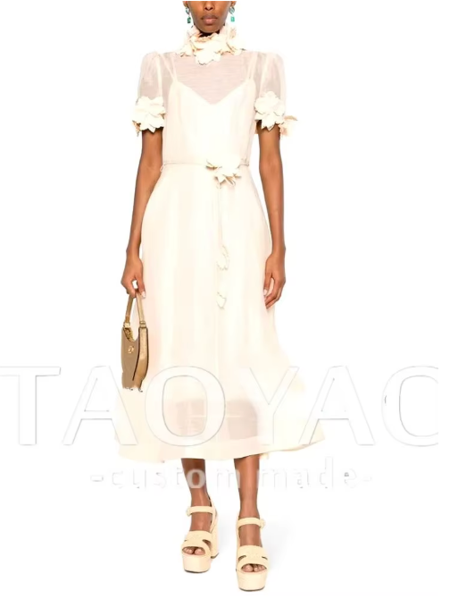 Short Sleeve Midi Dress with Floral Embellishments - White