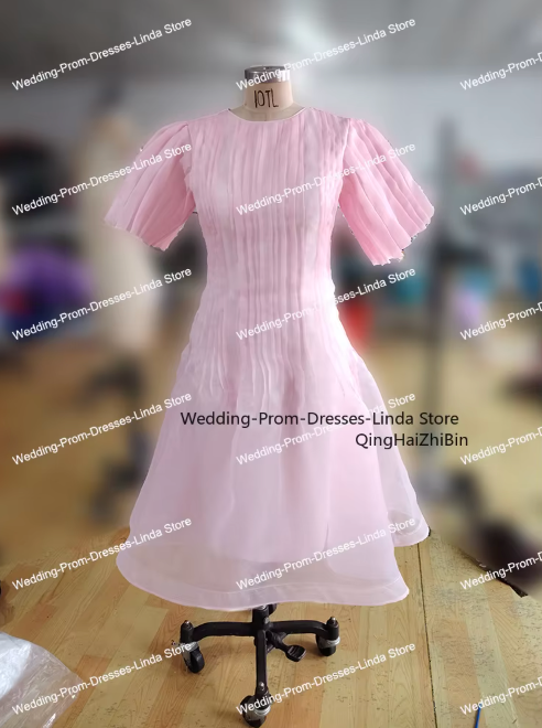 Midi Dress with Puff Sleeves and Pleated Bodice - Pink