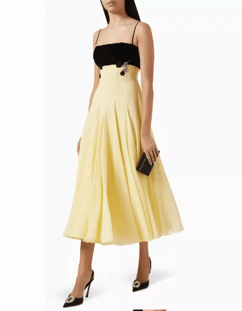 Midi Dress with Velvet Bodice and Pleated Skirt - Yellow