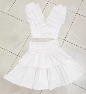 Two-Piece Set with Ruffle Crop Top and Tiered Mini Skirt - White