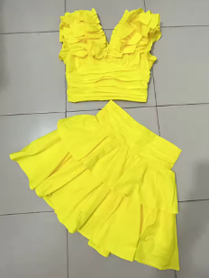Two-Piece Set with Ruffle Crop Top and Tiered Mini Skirt - Yellow
