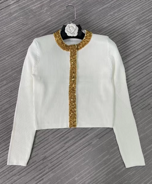 Embellished Cropped Knit Top - White