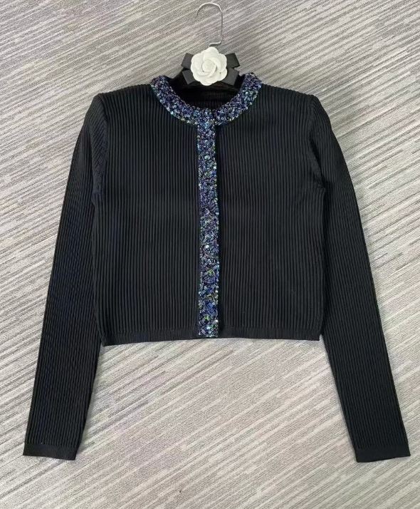 Embellished Cropped Knit Top - Black