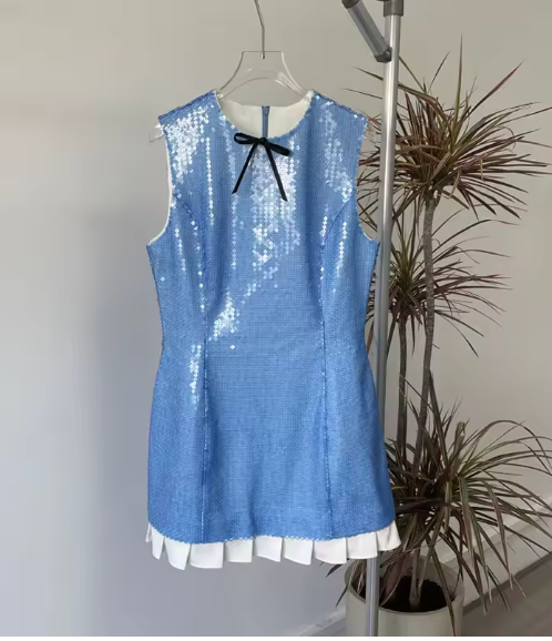 Bow Detail Mini Dress with Pleated Hem - Blue