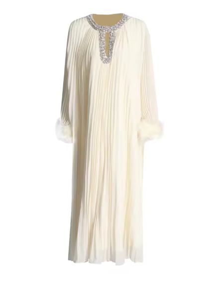 Pleated Maxi Dress with Embellished Neckline and Feather Cuffs - Beige