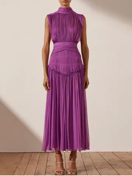 Sleeveless Midi Dress with Pleated Design and High Neck - Purple