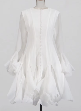 Midi Dress with Ruffle Cuffs and Buttoned Front - White