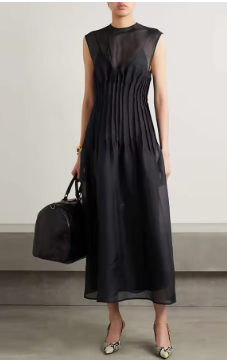 Sleeveless Sheer Pleated Midi Dress - Black