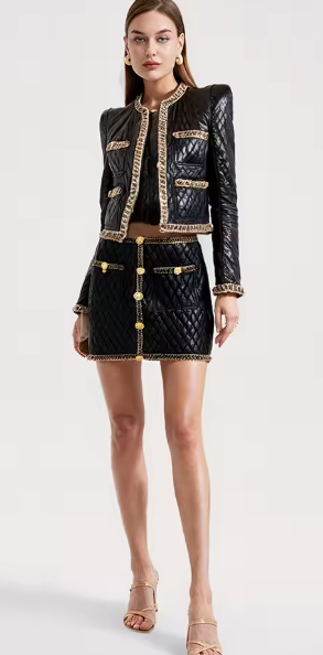 Two-Piece Set with Quilted Jacket and Mini Skirt - Black